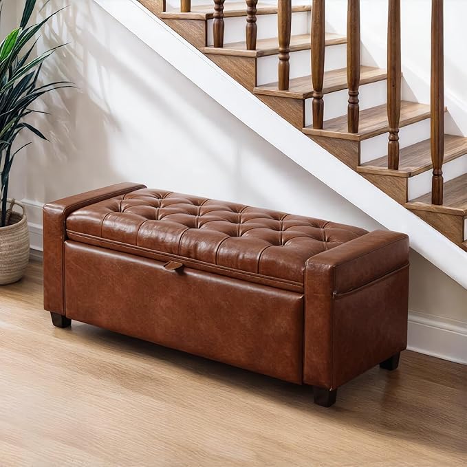 43.31'' Storage Ottoman Bench, Leather Upholstered Tufted Bedroom Bench - Image 9