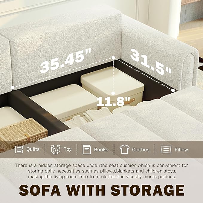 KEIKI 90.2" 4-Seater Modern Convertible Sofa Bed – Teddy Fabric Couch - Image 8