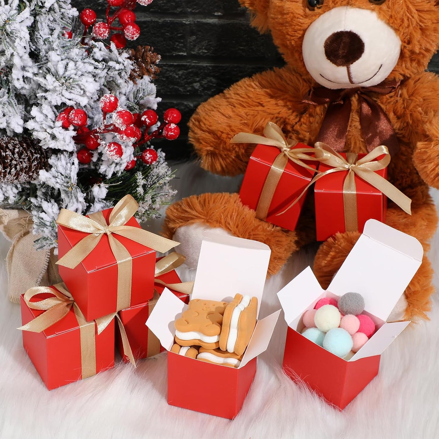 Jutom 100 Pcs Mini Favor Boxes Extra Small Candy Boxes Paper with Gold Ribbon for Christmas Thanksgiving Day Birthday Wedding Anniversary Supplies(2 x 2 x 2 Inch,Red)