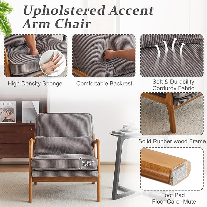 VINGLI Upgraded Premium Corduroy Accent Chairs Set of 2, Upholstered Arm Chair - Image 5