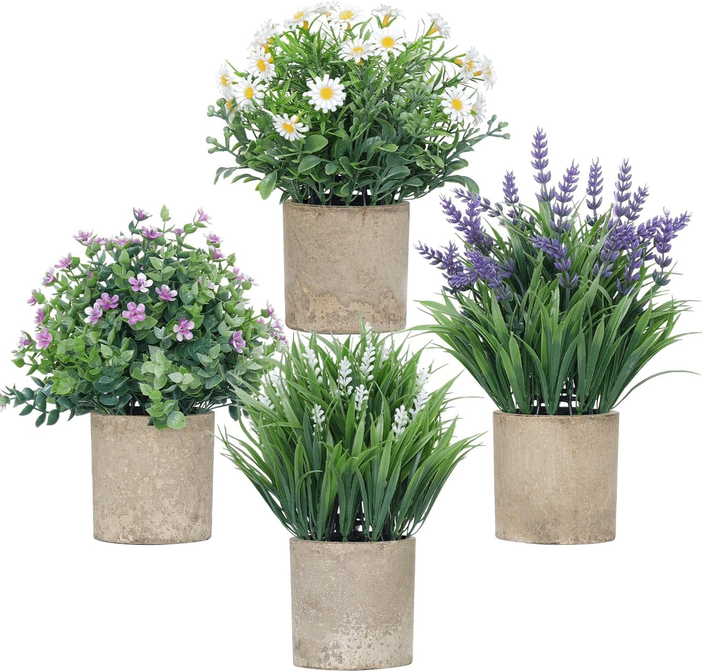 4 Pack Small Fake Plants, Artificial Eucalyptus Leaves with Flowers, Lavender & Daisy with Gray Paper Pulp Pots, Small Faux Potted Plant with Flowers for Home Decor, Indoor&Outdoor Decoration