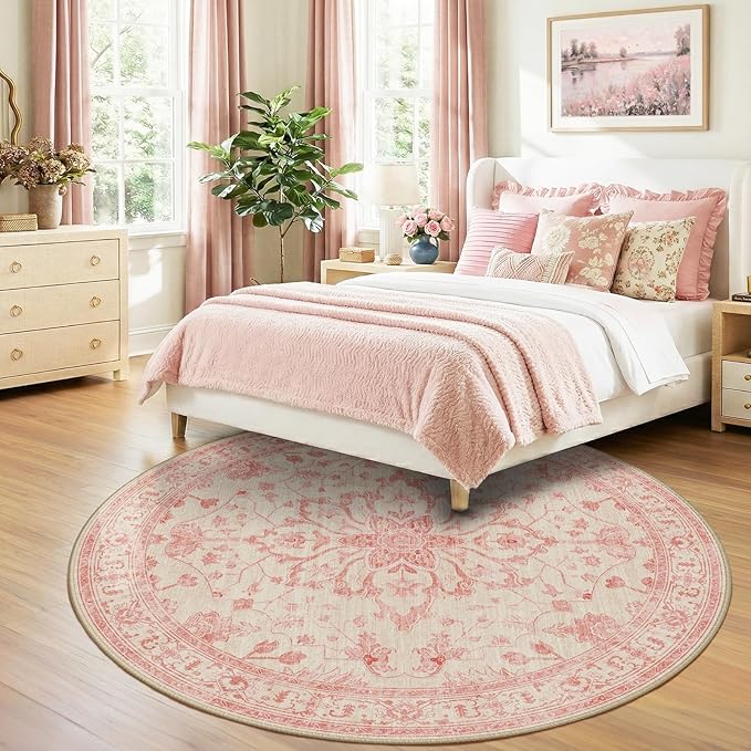 RELEANY Area Rugs Round 8ft Washable Non-Slip, Floral Vintage Distress Print - Image 3