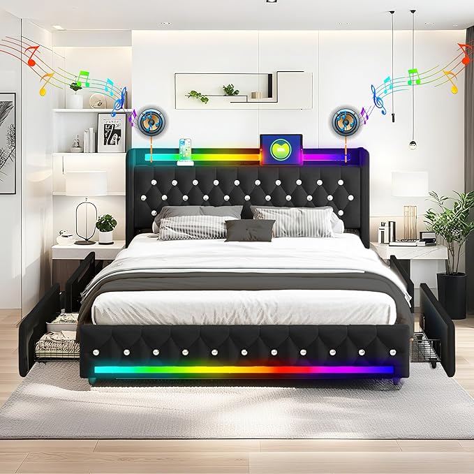 Music Player Full Bed with Bluetooth Speakers, USB&Type C Charging Ports by BIOEVER