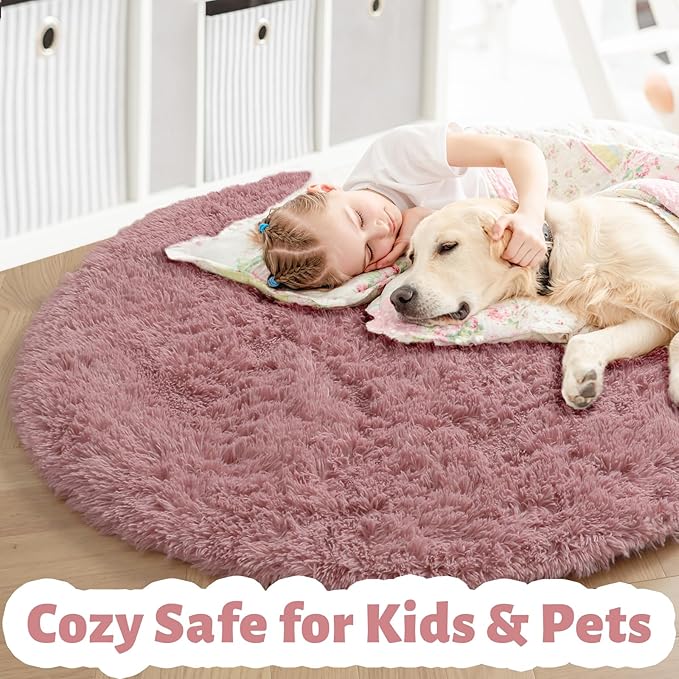 Blush Fluffy Round Rug 5Ft for Bedroom, Fuzzy Plush Circle Area Rugs for Baby - Image 3