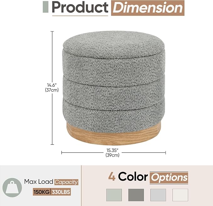 Round Storage Ottoman with Reversible Tray Lid, Folding Chenille Fabric - Image 3
