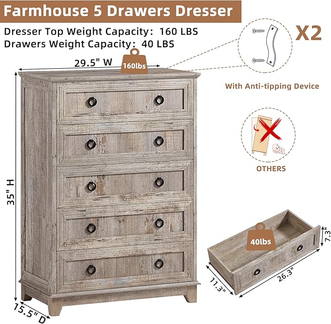 Joaxswe Farmhouse 5 Drawer Dresser - Image 2