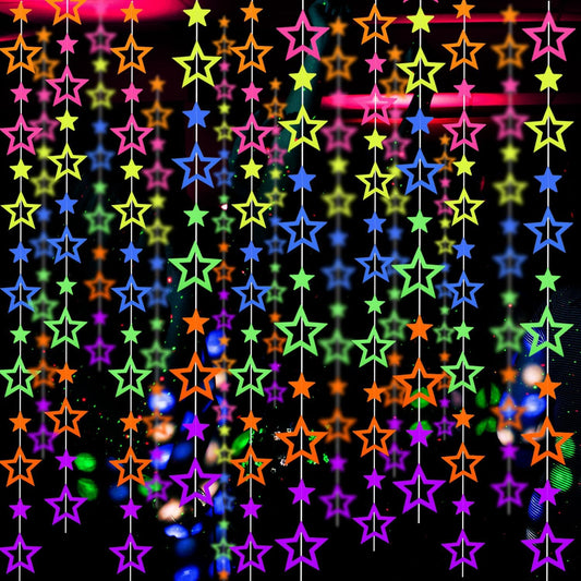 126feet UV Paper Garland Hollowed Star Neon Streamers Black Light Decorations Glow Party UV Reactive Party Favors Glow in The Dark Supplies and Decorations Wedding Birthday Banner