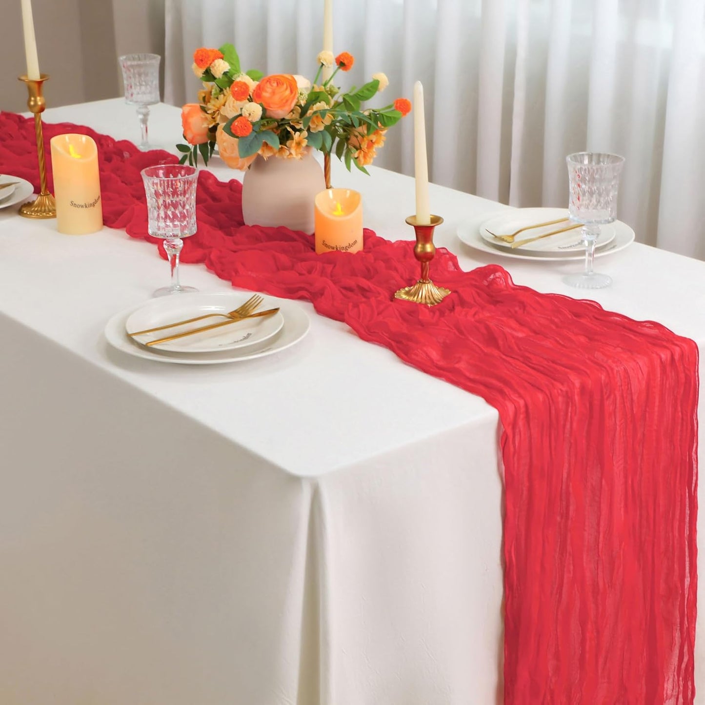 Snowkingdom 10 Ft Red Cheesecloth Table Runner, 120 inch Long Cheese Cloth Boho Gauze Runner for Wedding Bridal Baby Shower Birthday Sheer Table Decorations