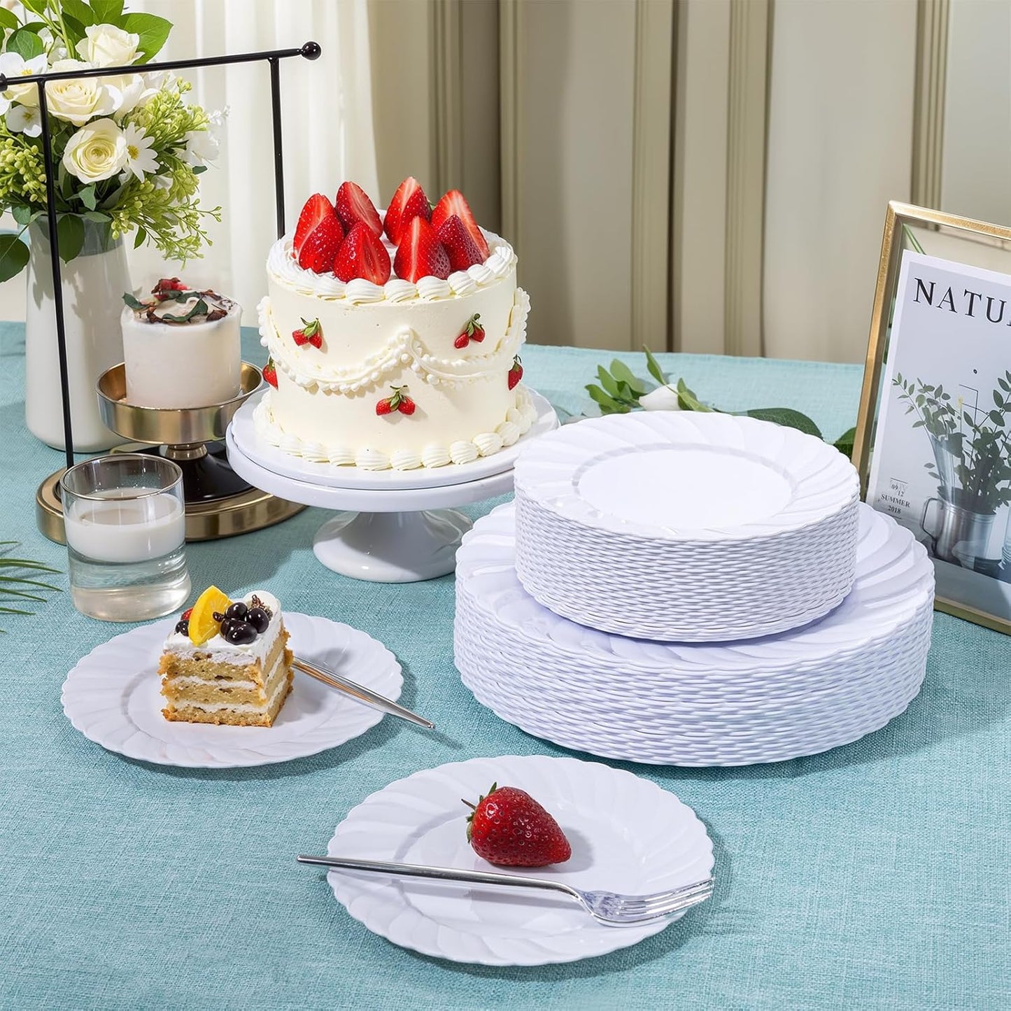 U-QE 60 Pcs White Plastic Plates for Party – Scalloped Plastic Plates Heavy Duty & Elegant – Include 30 10.25" Dinner & 30 7.25" Dessert Plate - Perfect for Weddings, Bridal Showers and Parties