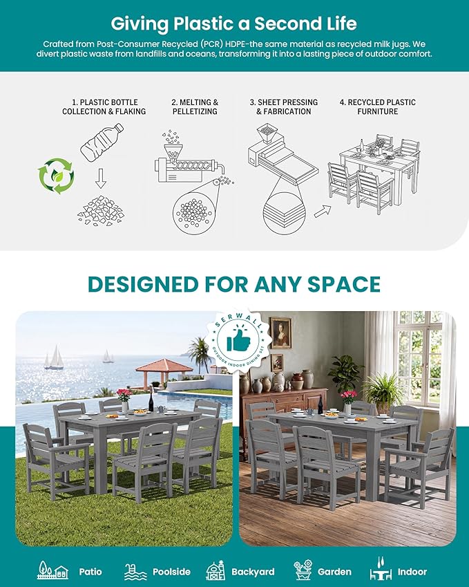 SERWALL HDPE Dining Set for 6: 1 Umbrella Hole Table, 4 Armless + 2 Armchairs. - Image 7