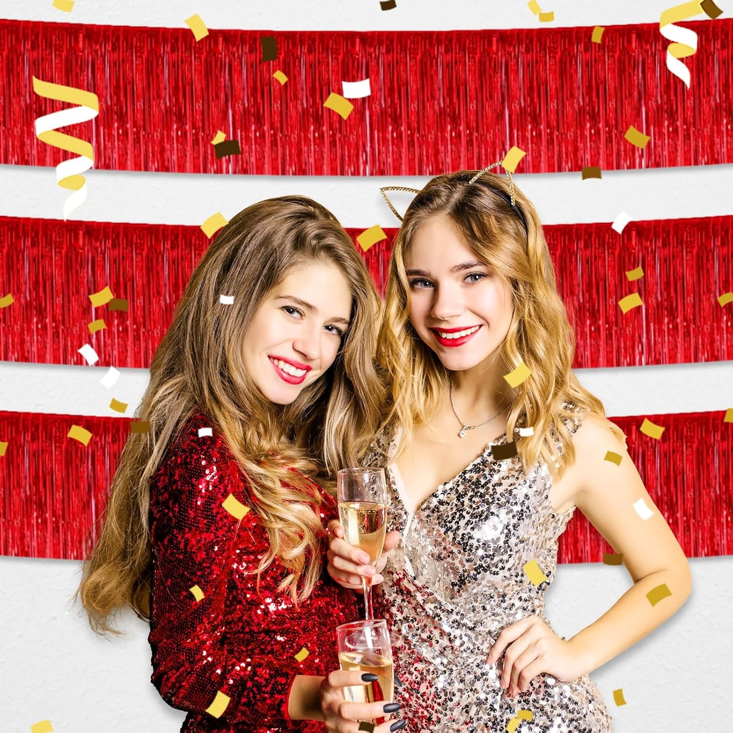 4 Pack 10 Feet Red Foil Fringe Garland Metallic Tinsel Streamers Banner Wall Hanging Curtain Backdrop for Parade Floats, Wedding, Graduate, Mother's Day, Birthday Party Decoration