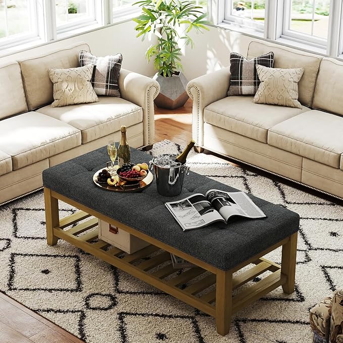 Befurtori Large Rectangular Upholstered Ottoman Bench, Linen Tufted Footrest - Image 4
