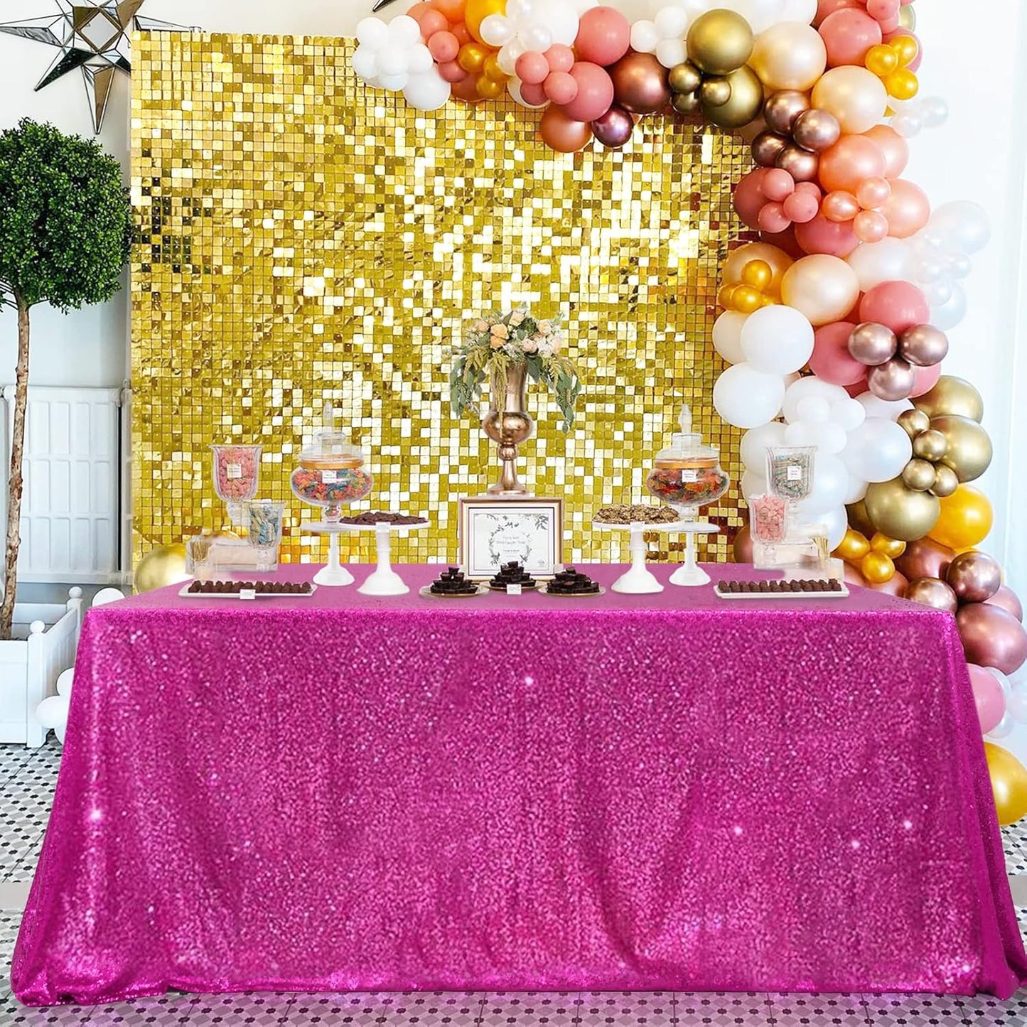 QueenDream Hot Pink Wedding Sequin Tablecloth 90 x 156 Inch Rectangle Glitter Table Cloth for Birthday Party Baby Shower Decor