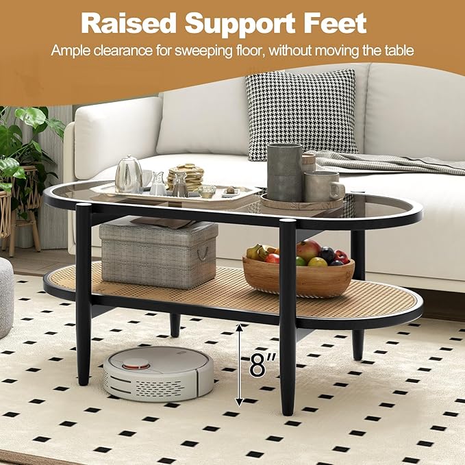 Giantex Rattan Coffee Table, 2-Tier Oval Wood Tea Table - Image 7