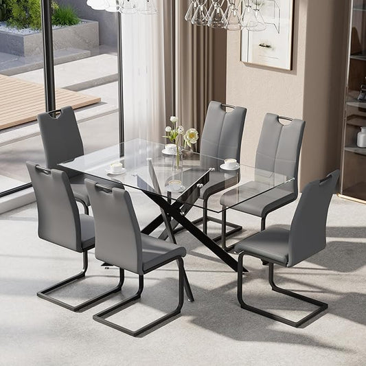 7-Piece Dining Table Set for 6, Modern Rectangular Glass Table by KATBOCFurniture