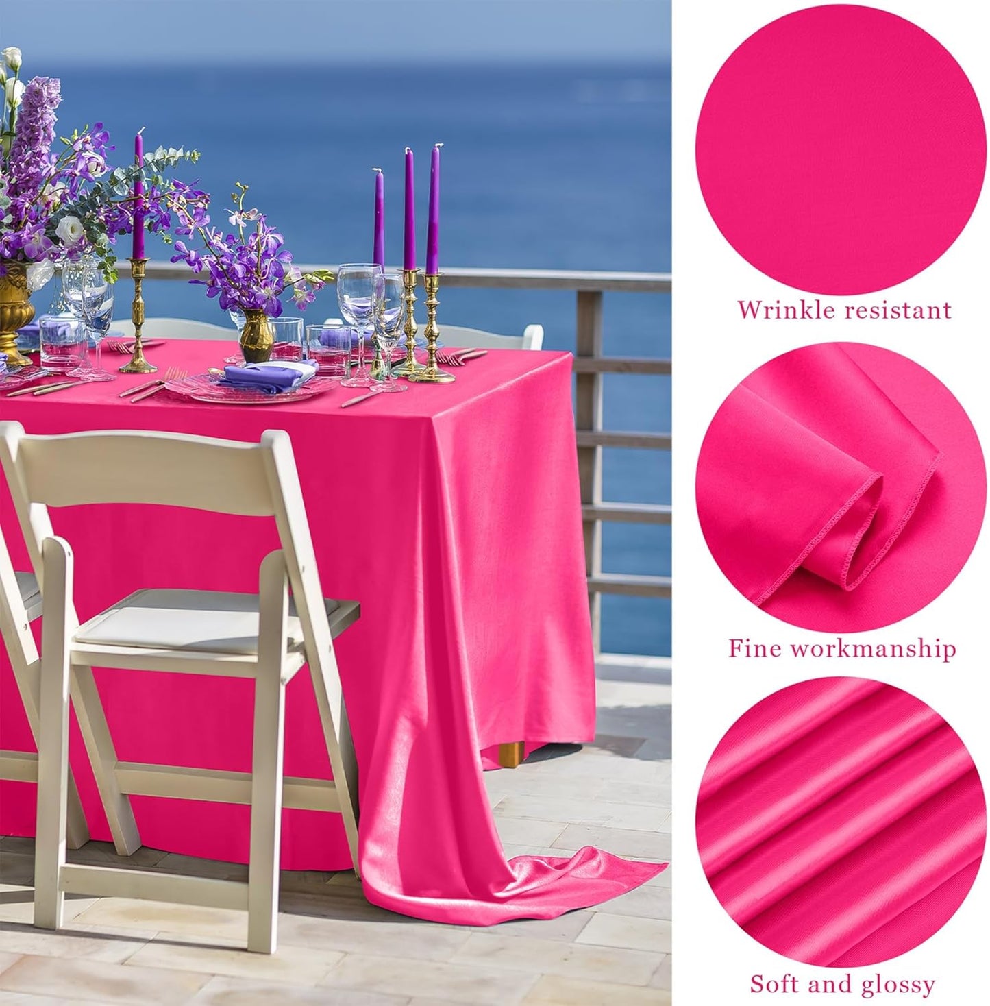 TURSTIN 1 Pack Hot Pink Satin Tablecloth 102 x 58 Inch Overlay Satin Table Cover Rectangle Bright Silk Tablecloth Smooth Fabric Table Decoration for Wedding Banquet Party Events