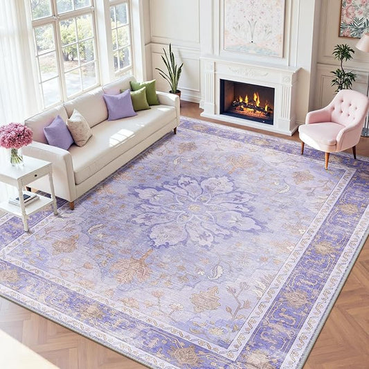 RELEANY Area Rugs 9'x12' Washable Non-Slip, Floral Vintage Distress Print by RELEANY