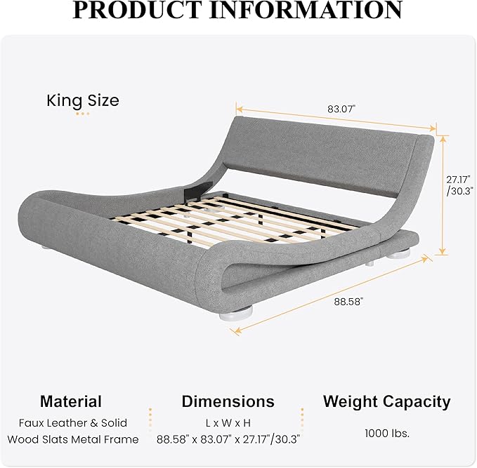 SHA CERLIN King Size Upholstered Bed Frame, Deluxe Low Profile Sleigh Bed - Image 2