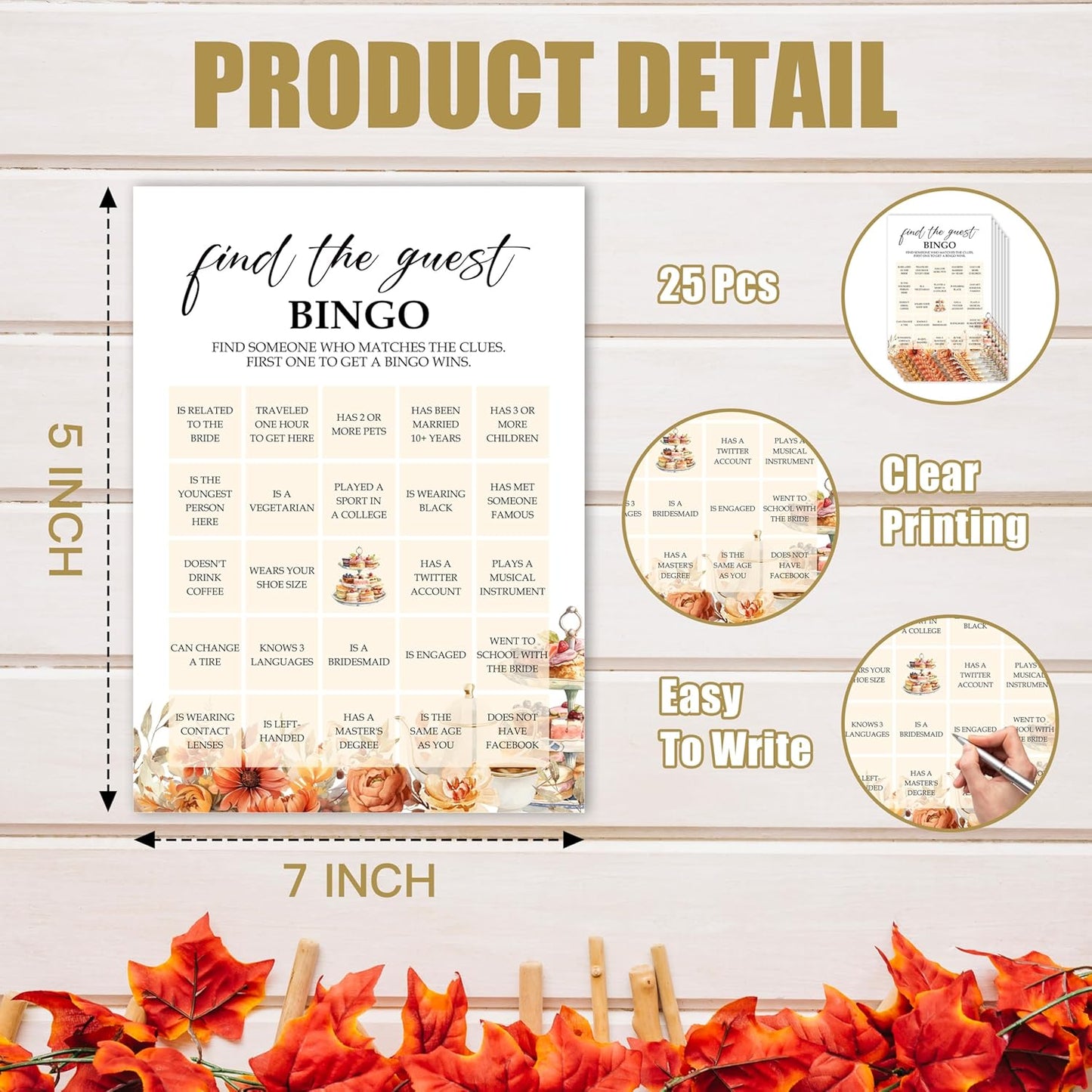 Fall Bridal Shower Games Cards, Find The Guest Bingo, Wedding Bachelorette Party Games, Fall in Love Bridal Shower Decorations, 25 Cards, G09