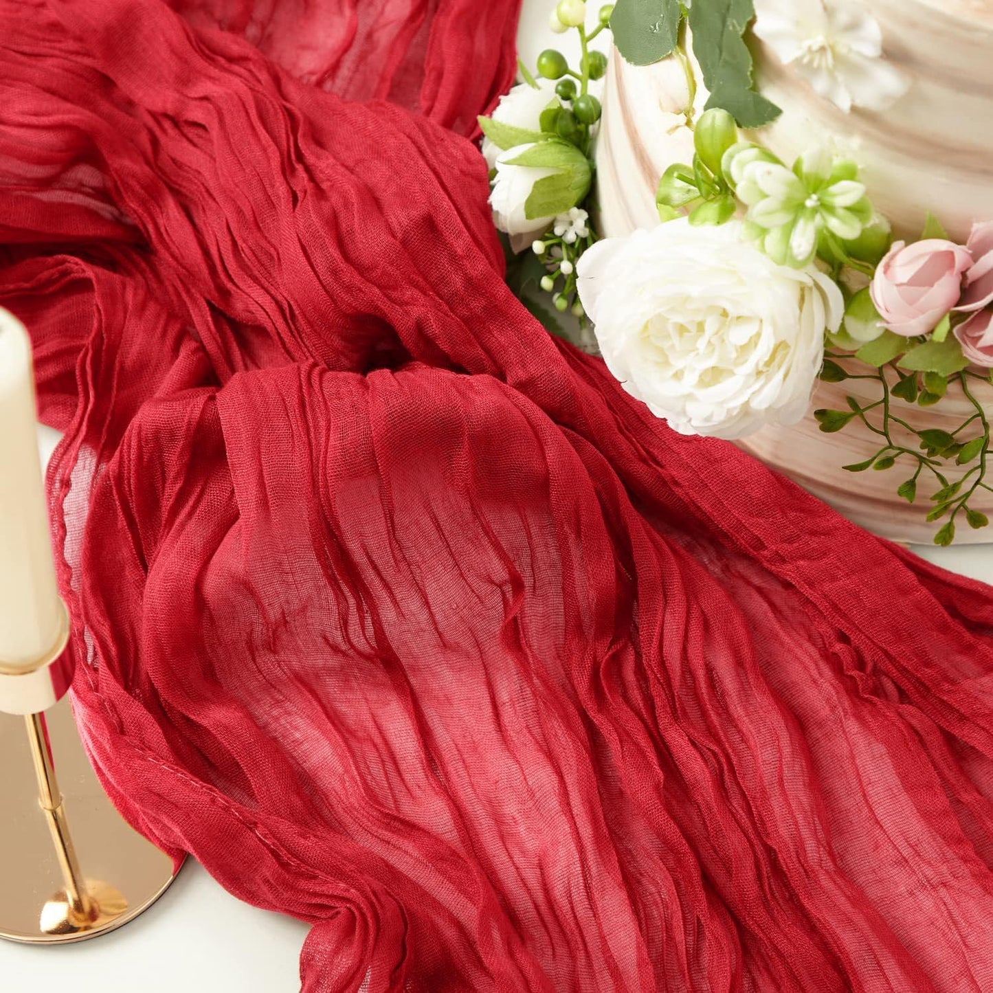 12 Pack Red 10 Ft Cheesecloth Table Runner 20x120 Inch Boho Wrinkled Sheer Romantic Gauze Decor for Wedding, Bridal Shower, Birthday Party