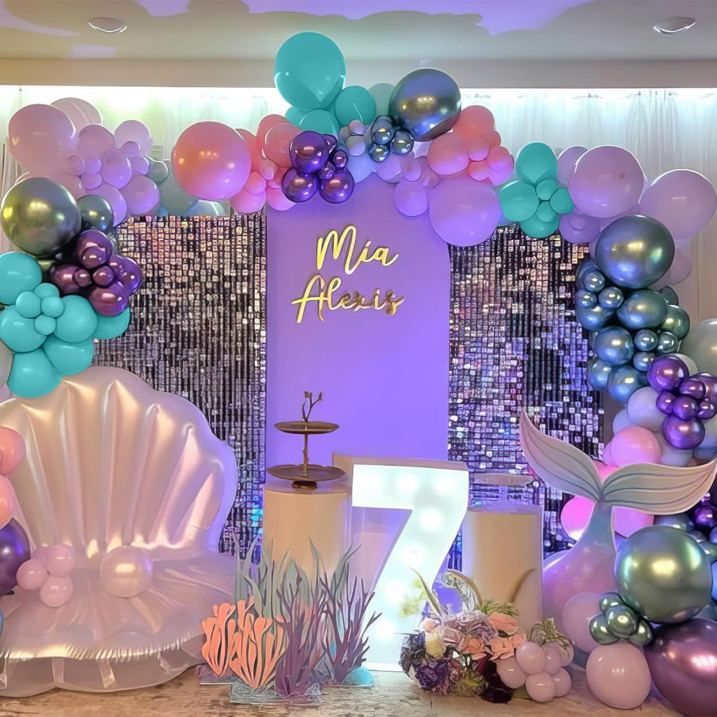 Mermaid Balloons, Purple and Teal Balloon Pastel Pink and Purple Party Decorations Metallic Green Teal Blue Confetti Balloons for Girls Kids Mermaid Theme Birthday Wedding Baby Shower