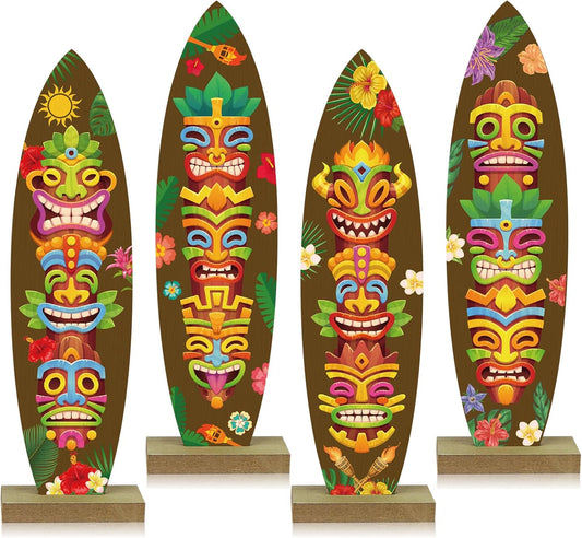 4 Pcs Surfboard Decorations for Party Welcome to Paradise Sign Tropical Bar Table Centerpieces Surfboard Beach Signs for Home Summer Theme Wood Tropical Birthday Party Decor(Tiki Style)