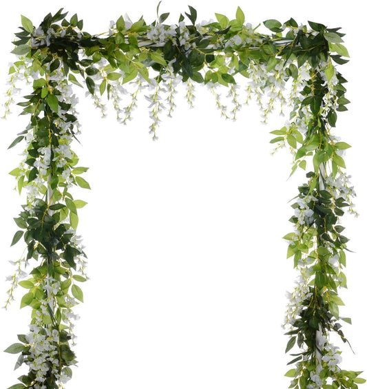 DearHouse 4Pcs 6.6Ft/Piece Artificial Flowers Silk Wisteria Garland Artificial Wisteria Vine Rattan Silk Hanging Flower for Home Garden Outdoor Ceremony Wedding Arch Floral Decor (White)
