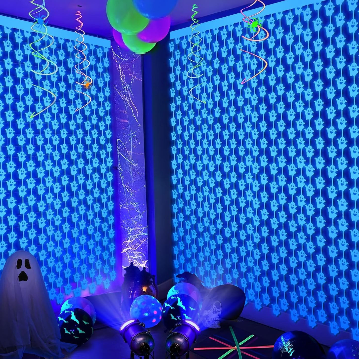 Neon Halloween Party Decorations, 2 Pack Glow in The Dark Party Supplies 3.3 x 6.6 ft Fluorescent Blue Ghost Curtains, Photo Booth Prop Backdrop Streamer, Halloween Birthday Party Decor