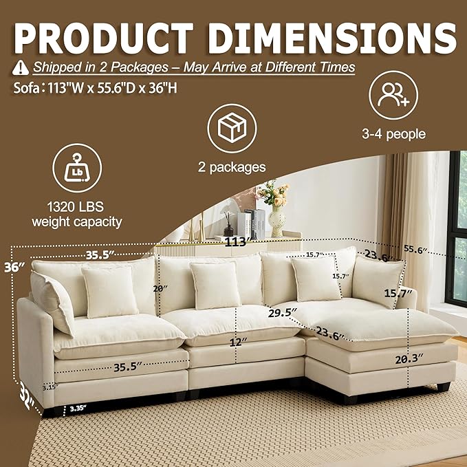 113” Modular Sectional Sofa, L Shaped Cloud Couch - Image 2