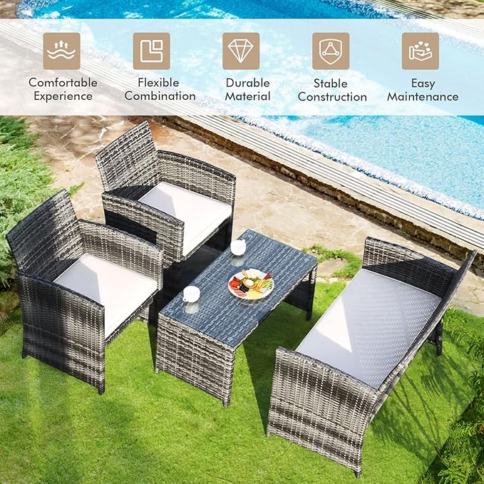 Goplus 4-Piece Rattan Patio Furniture Set, Outdoor Wicker Conversation Sofa - Image 2