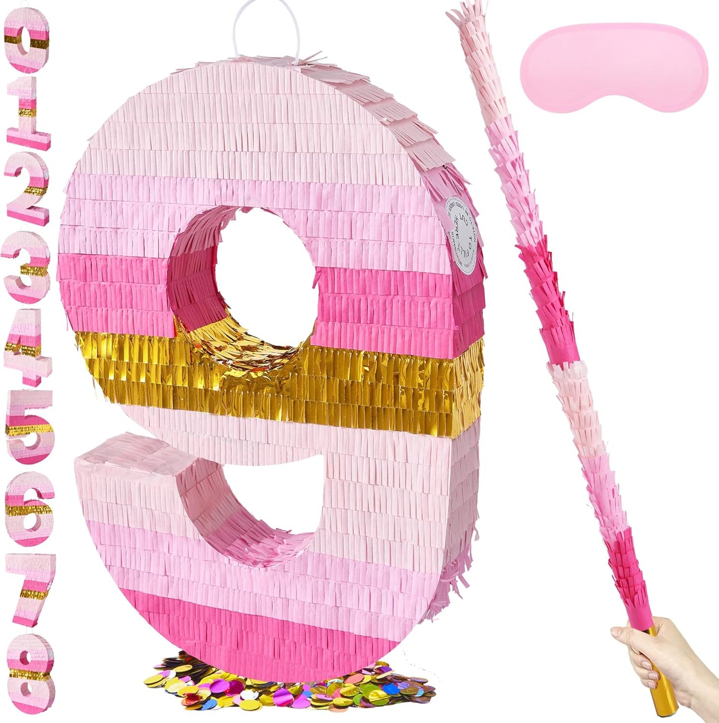 PCFING 20 Inch Number 9 Piñata Pink Gold with 30 Inch Piñata Stick Blindfold Confetti for Boys Girls Adults Birthday Party Decorations, Anniversary Celebration, Fiesta