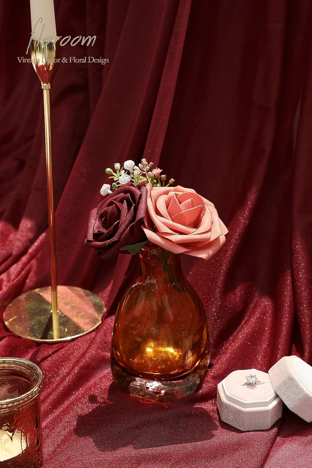 Floroom Artificial Flowers 25pcs Real Looking Burgundy & Pinky Cedar Foam Fake Roses with Stems for DIY Wedding Bouquets Bridal Shower Centerpieces Floral Arrangements Party Tables Home Decorations