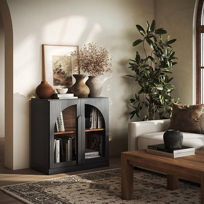 BELLEZE 2 Tier Bookshelf with Arched Glass Door, Modern Display Bookcase Shelf by BELLEZE