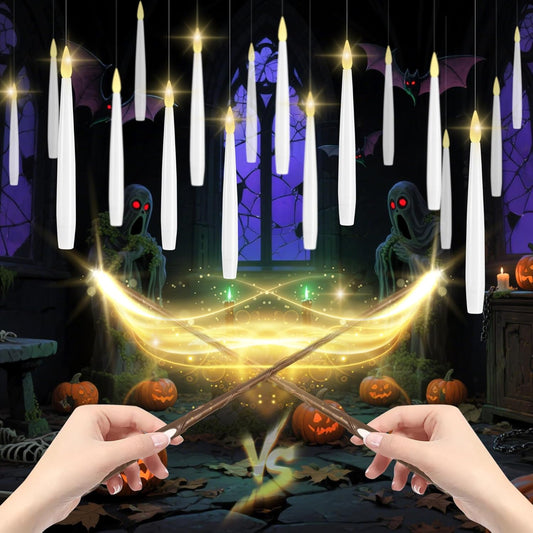 Floating Candles with Wand, 20 Pack Halloween Battery Operated LED Hanging Candles Electric Floating Candle for Halloween Party Decor Christmas 10.8in