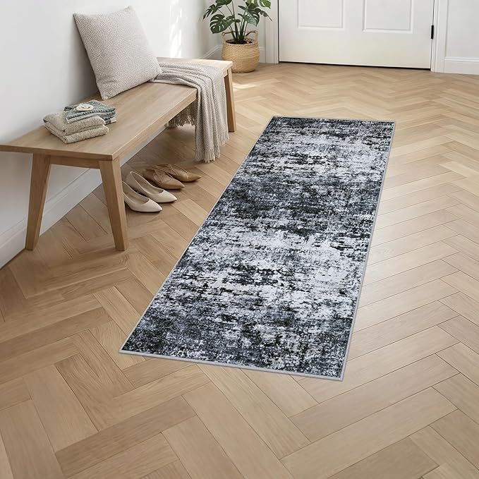 2'x6' Runner Rug Washable Rug: Modern Abstract Soft Thin Runner Rug Black - Image 2