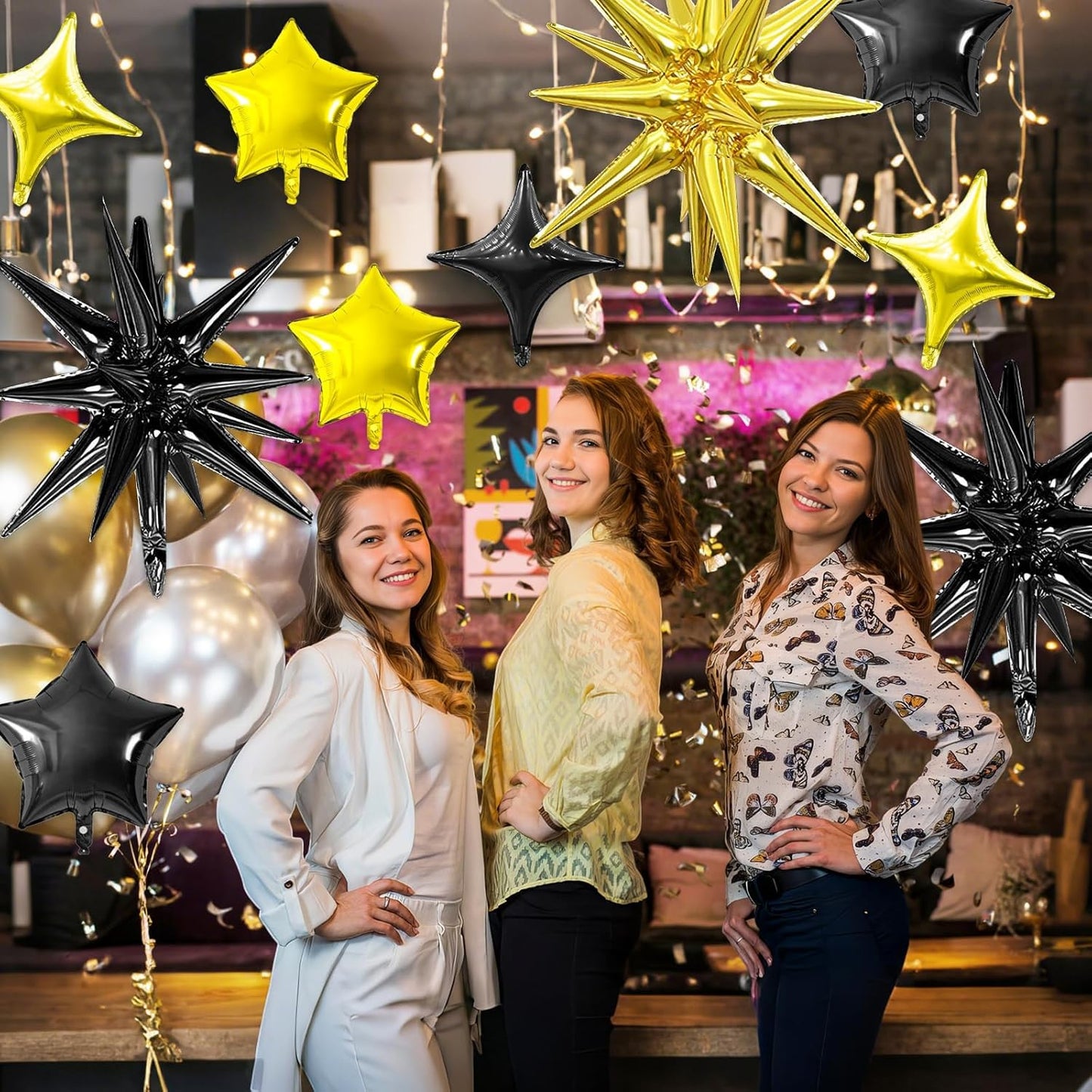 Black Gold Star Balloon,16Pcs Star Foil Balloons Set with 22Inch Explosion Spike Cone Balloons and 10Inch Quadrangle Helium Balloon for Birthday Wedding Baby Shower Party Decorations