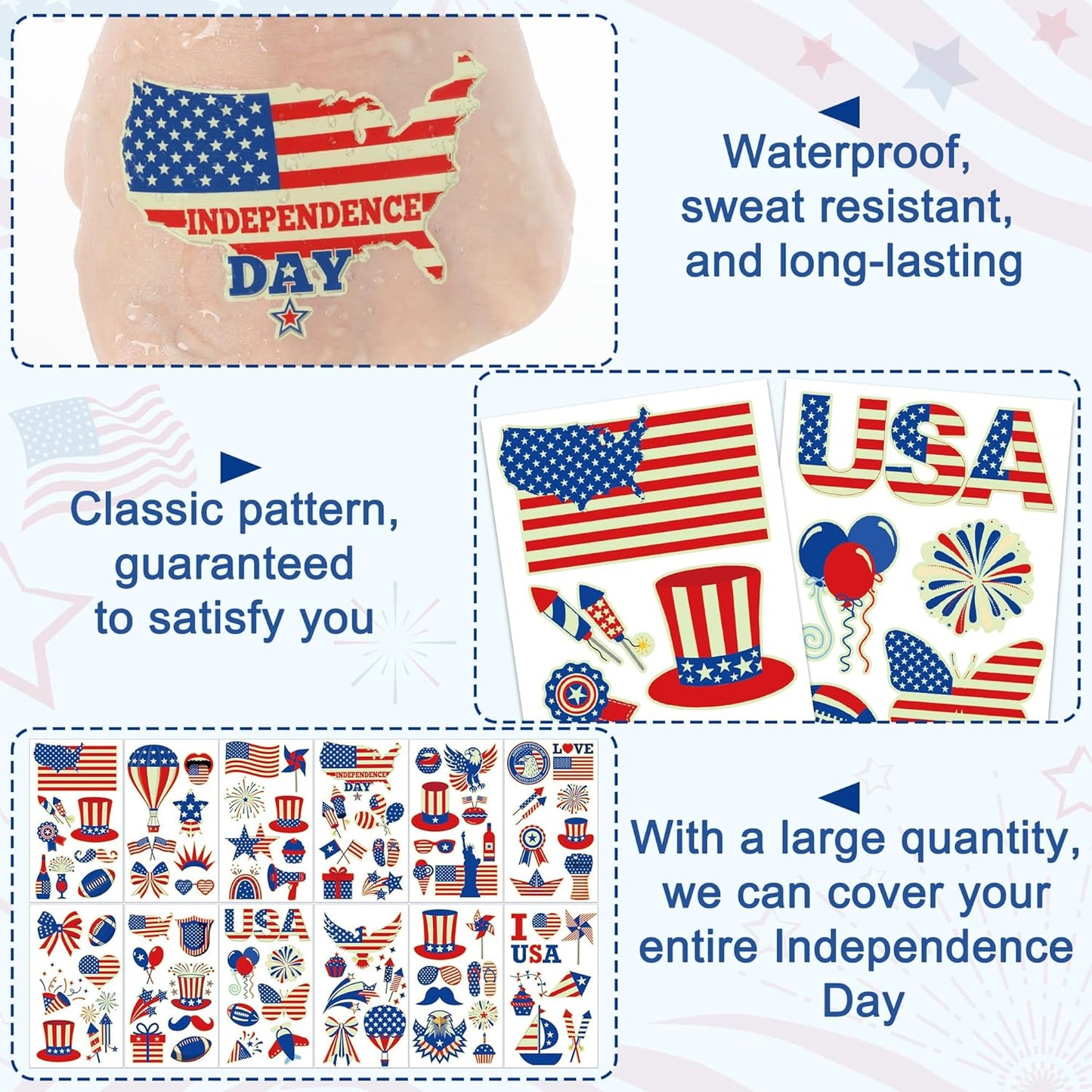 106 Packs 4th of July Decorations, 4th of July Glow in the Dark Tattoos, Multiple Styles Fourth of July Tattoos, Red White and Blue Decor Suitable for Patriotic Accessories Independence Day Supplies
