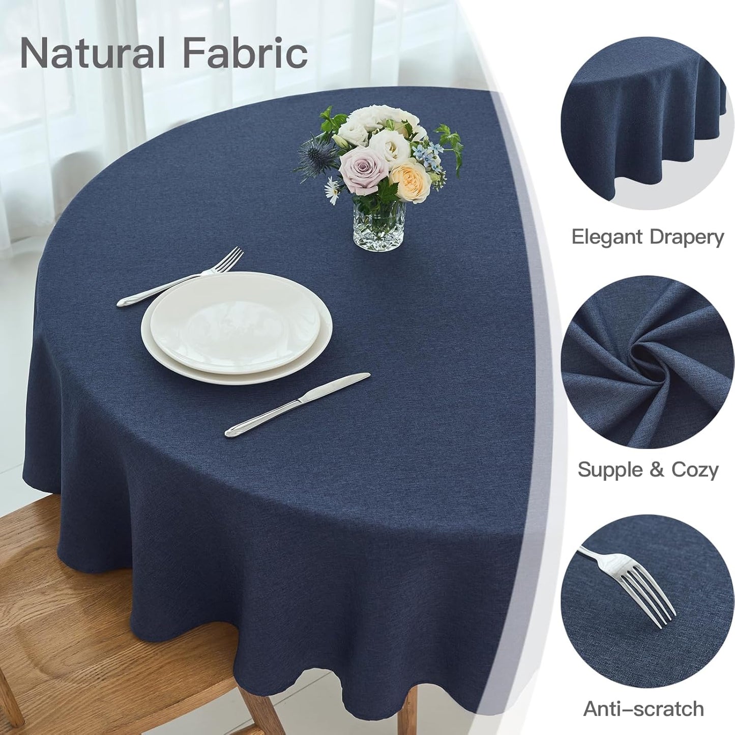 maxmill Round Linen Textured Tablecloth Spill-Proof Stainproof Wrinkle Free Washable Fabric Table Cloth for Circular Table Cover, Dining Room Buffet Banquet Parties Holiday Dinner, 70 Inch Navy Blue