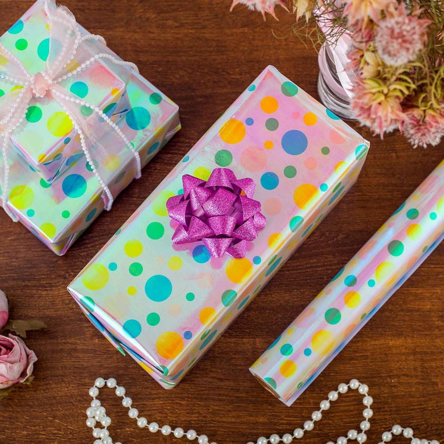 Burymento Holographic Pink Dot Gift Wrapping Paper for Birthday, Valentines, Mothers day, Graduation, Wedding, Fathers day, Baby Shower, Christmas (17in x 32.8ft)