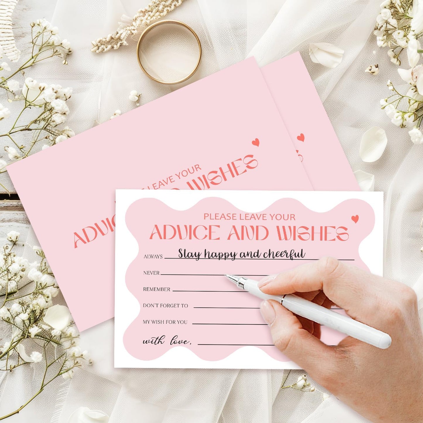 25 Advice and Wishes Cards, Pink Wavy Fill-In Advice Cards for Bridal Shower Wedding Birthday Party Baby Shower Graduation Party, Well Wishes Card for Mr & Mrs Adults, Party Supplies -01