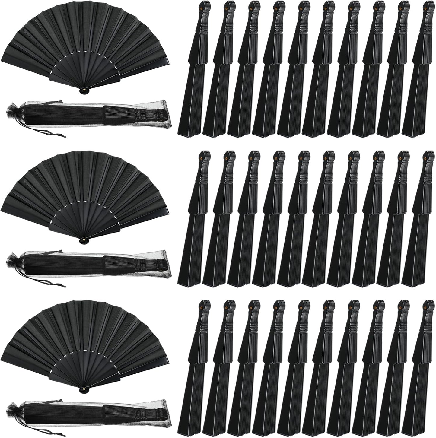 Wenqik 80 Pcs Wedding Folding Hand Fans Bulk Silk Fabric Chinese Handheld Foldable Clack Fans with Plastic Ribs for Party, Wedding Gifts, Line Dancing, Home Decorative (Black)