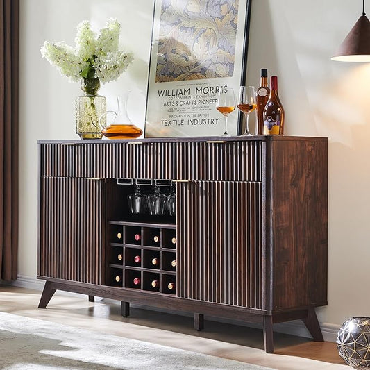 OKD Fluted Wine Bar Cabinet, 3 Drawers, 4 Glass Holders & 12 Wine Racks by OKD