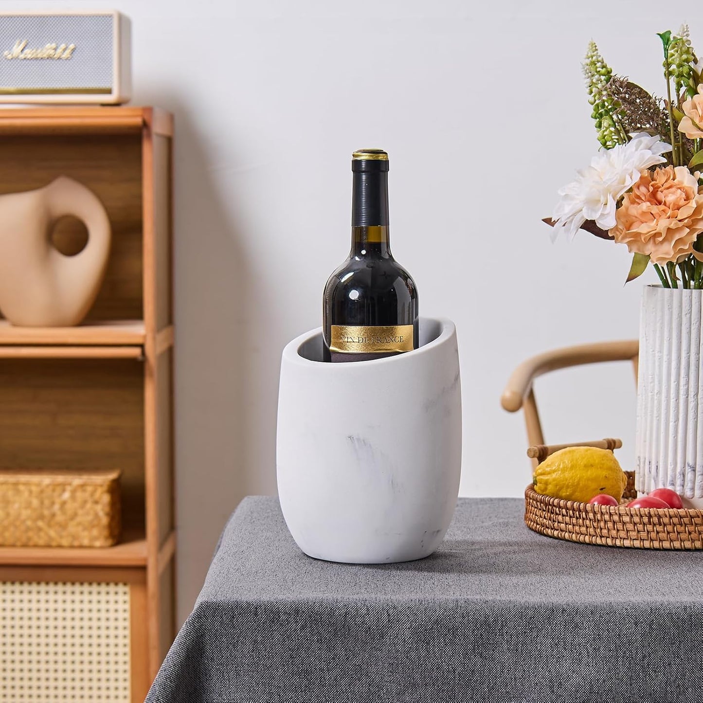 White Marble Textures Wine Chiller Bucket – 750ml Resin Cooler for Wine & Champagne Bottles, Party Bar Cart Decor – Keeps Drinks Cold, Unique Gift for Wine Lovers, Housewarming