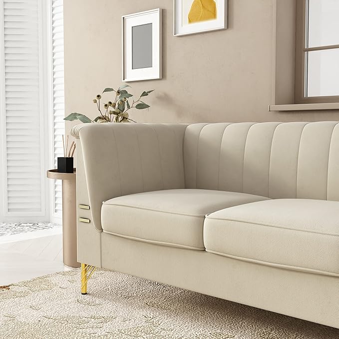 83.46" W Beige Velvet Sofa Couch - Image 5