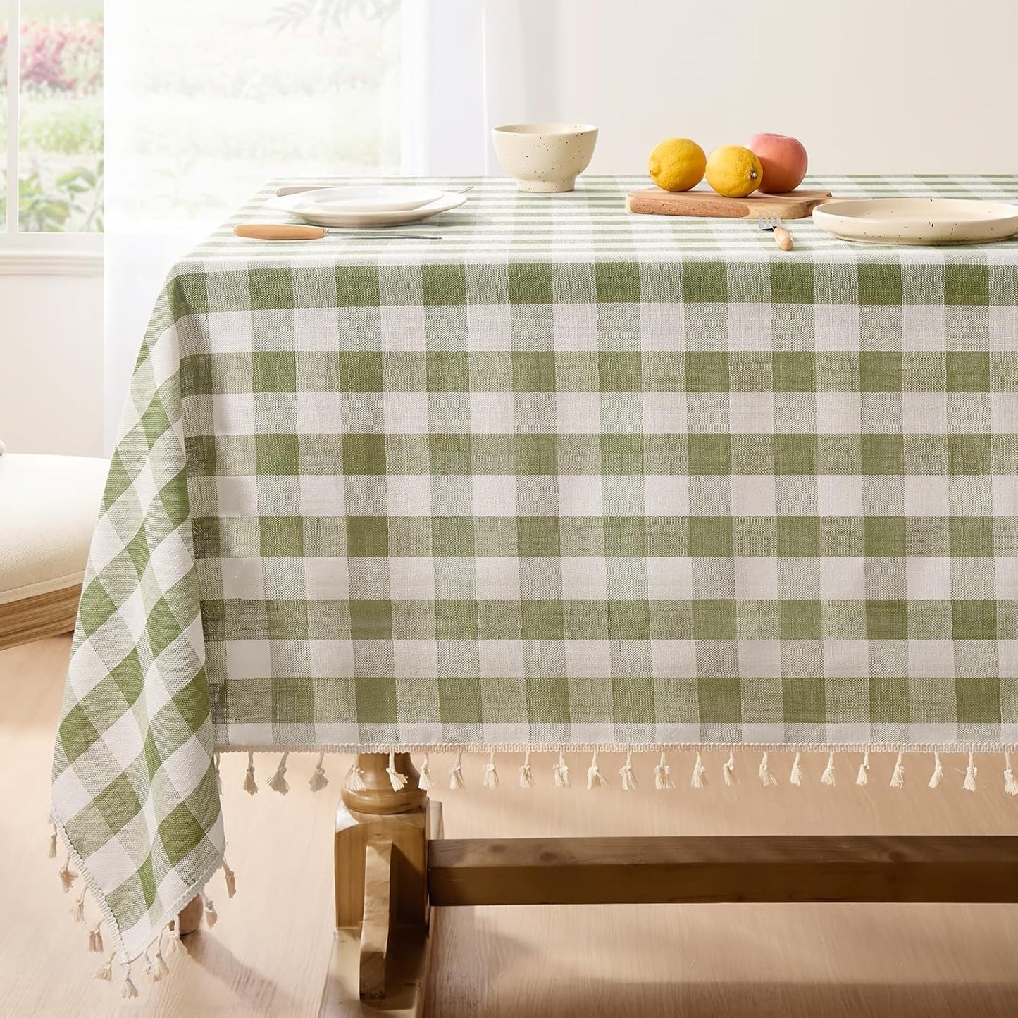 Softalker Checkered Tablecloth Rectangle, Heavy Weight Linen Gingham Christmas Table Cloth with Tassel, Washable Wrinkle Free Buffalo Plaid Table Cover for Dining/Party/Home - 55 x 84 Inch, Sage