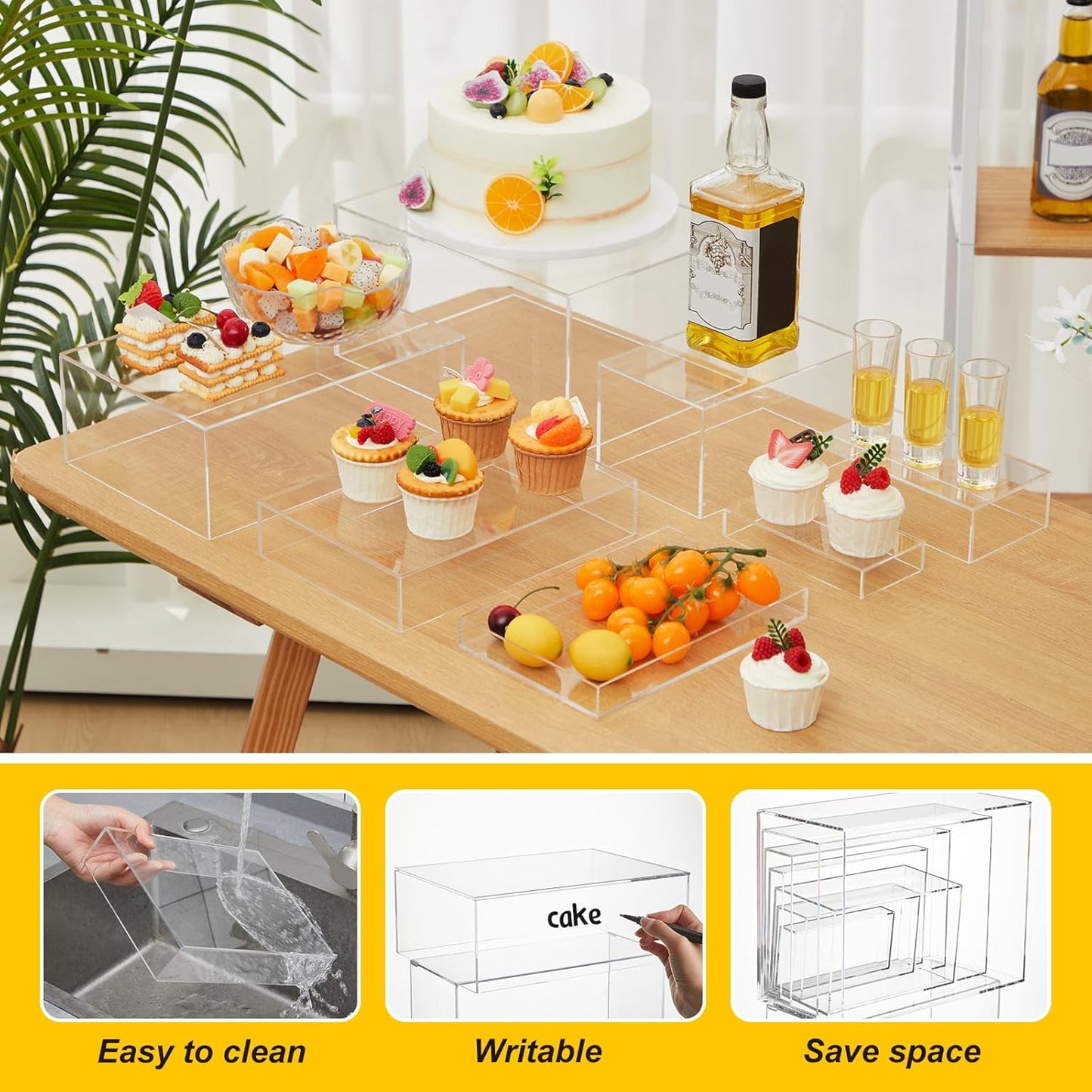 Leinuosen 7 Pcs Large Buffet Risers Set 6" to 12" Acrylic Display Box Catering Dessert Table Riser Food Display Decorative Stand with Hollow Bottom for Catering Supplies(Clear, Rectangle)
