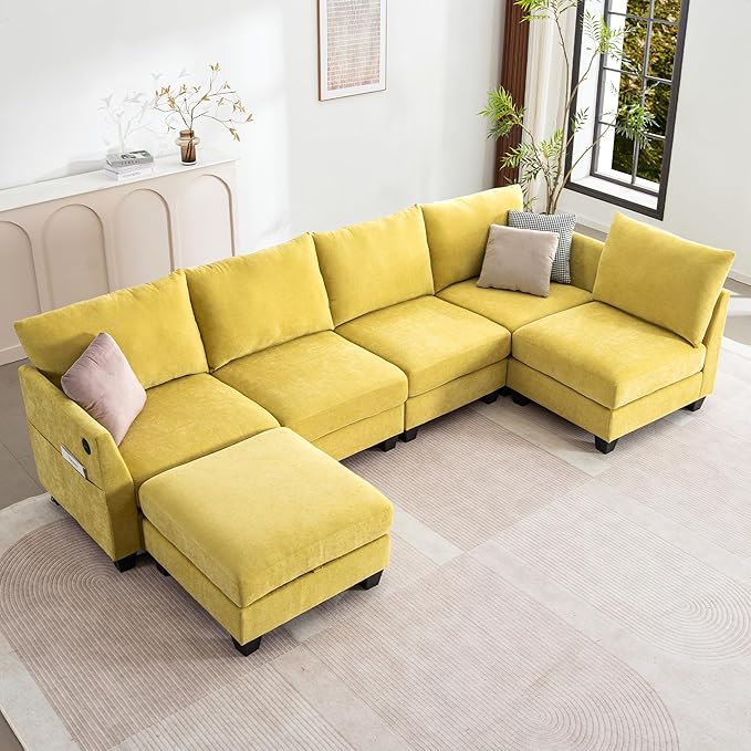 124" Modular Sectional Sofa, Modern Linen U-Shaped 6 Seater Sectional Sofa - Image 8