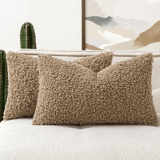 Faux Fur Throw Pillow Covers 20x12 Inch Set of 2 Boucle Neutral Decorative by Woaboy