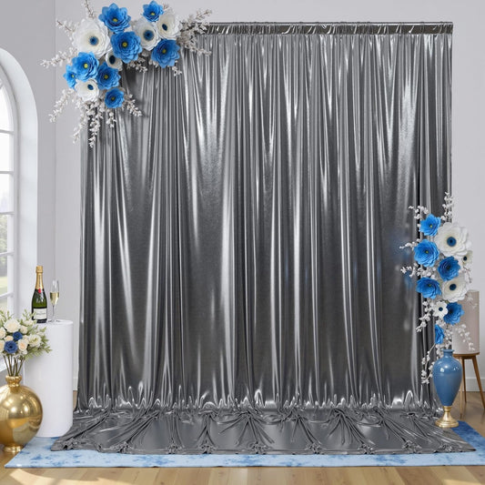 gogoparti 10x10FT Charcoal Silver Sequin Backdrop Curtain - 2 Panels of 5x10FT Wrinkle-Free Glitter Drapes for Photography, Birthdays, Weddings & Graduations