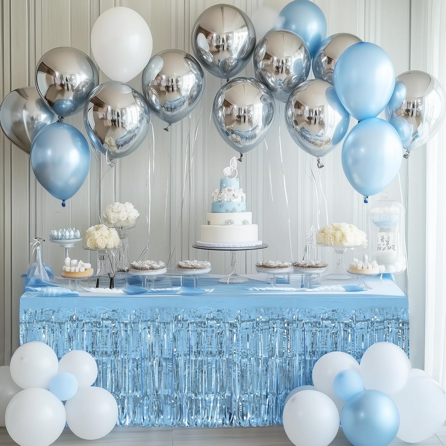 8 Pack Light Blue Table Skirts, 29x108" Metallic Foil Tinsel Fringe Table Skirts for Rectangle Tables Streamer Curtains Backdrop, Party Decorations for Birthdays Weddings Holidays